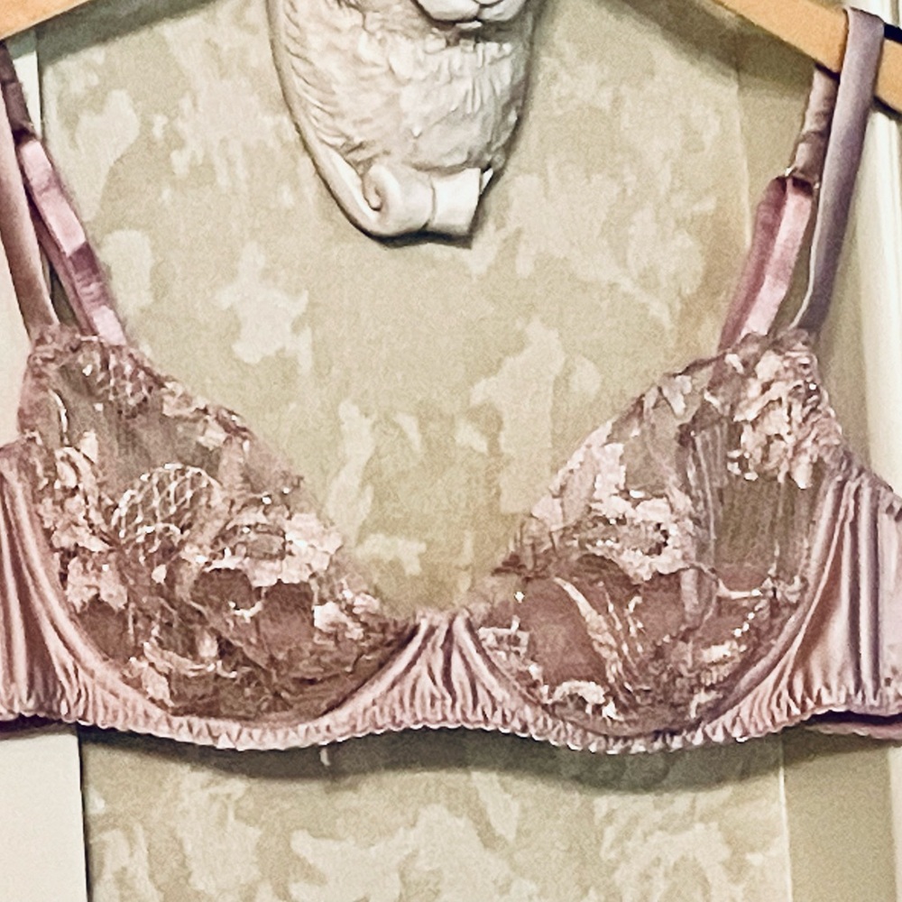Gilda & Pearl Soft Pink Silk Satin and Metallic Floral Lace Balcony Bra 34B